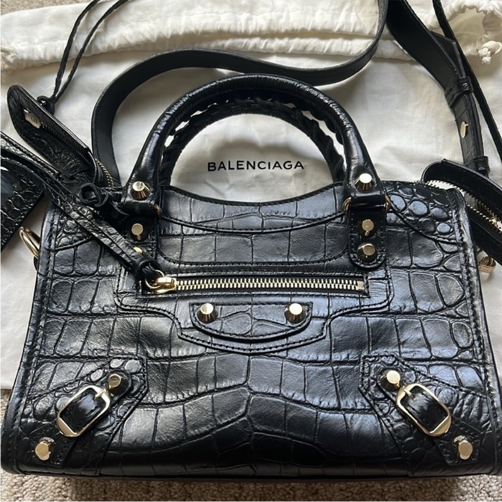 Balenciaga Black Satchel with Croc-Embossed Leather